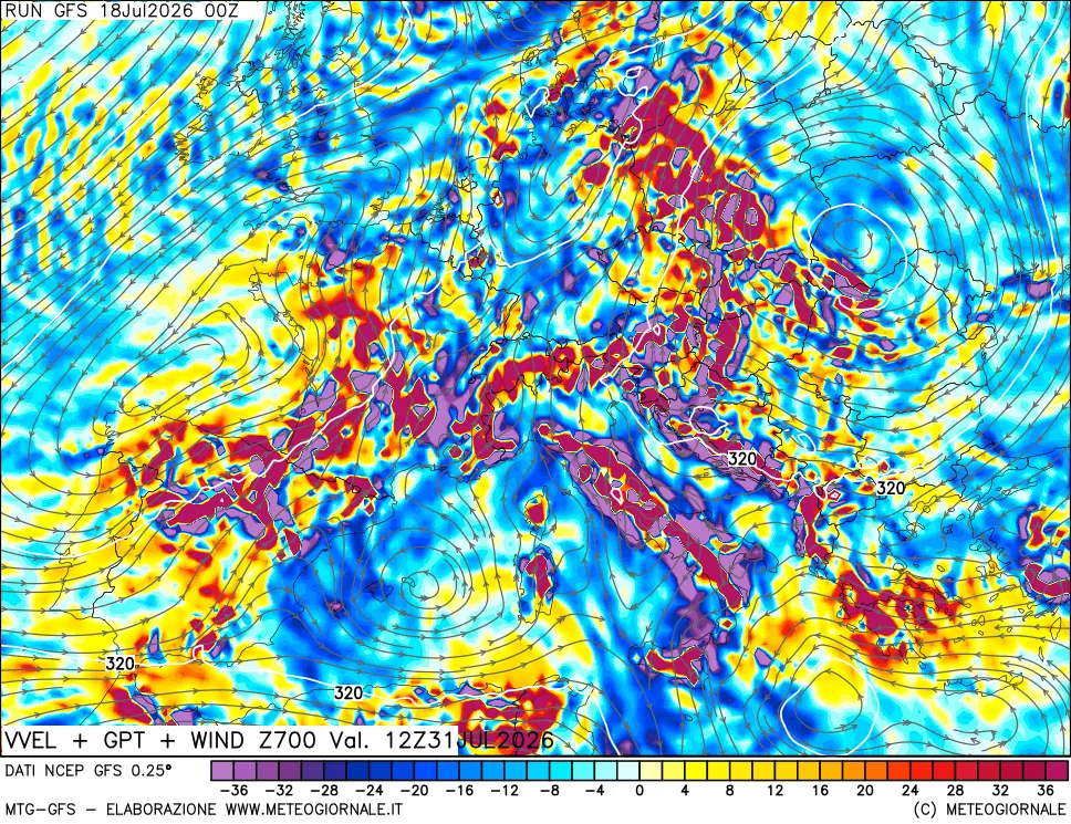 mappa 700 hPa Velocità verticiali + GPT + Vento