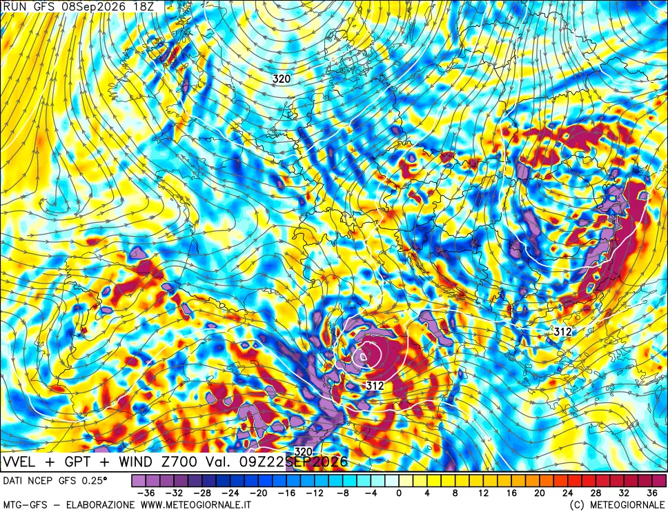 mappa 700 hPa Velocità verticiali + GPT + Vento