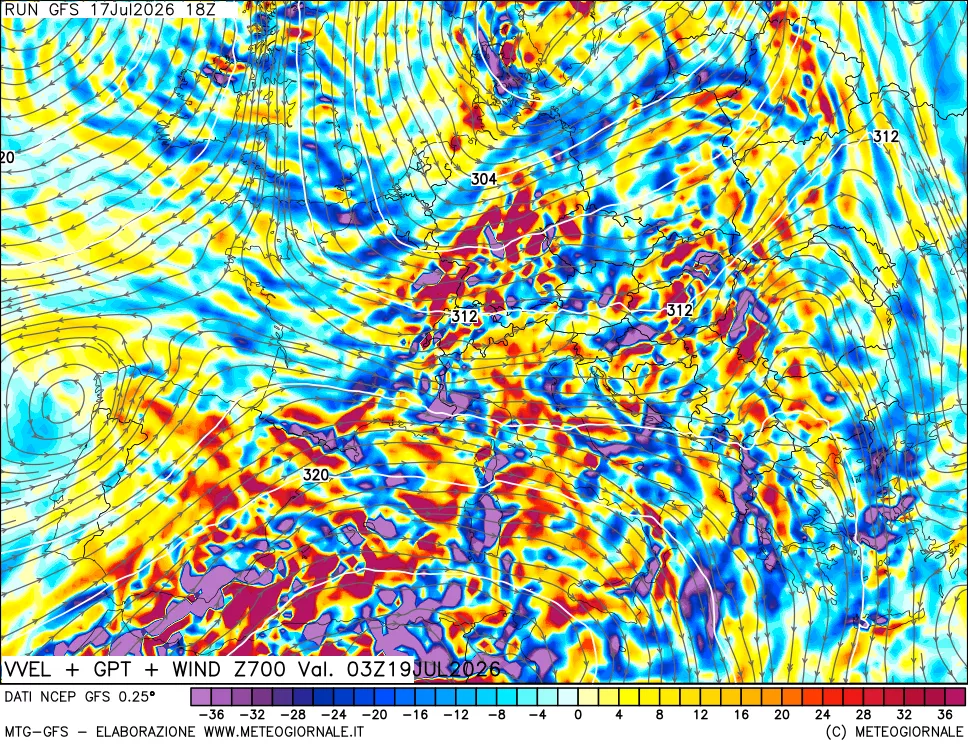 mappa 700 hPa Velocità verticiali + GPT + Vento