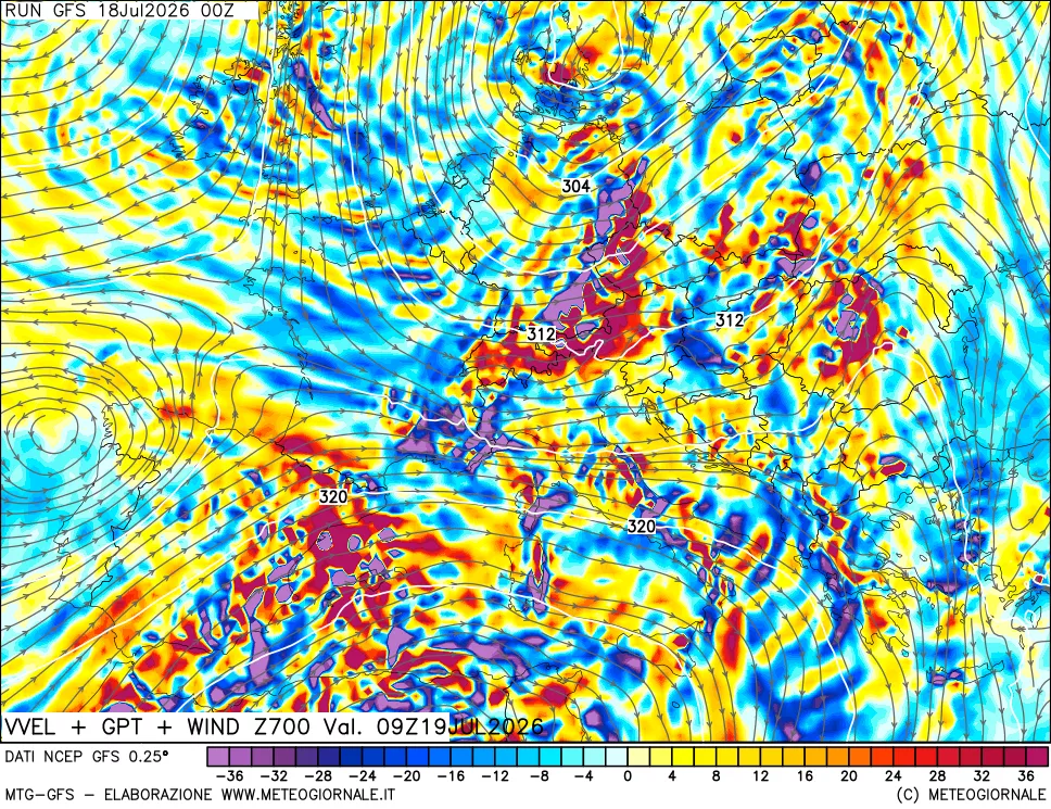 mappa 700 hPa Velocità verticiali + GPT + Vento