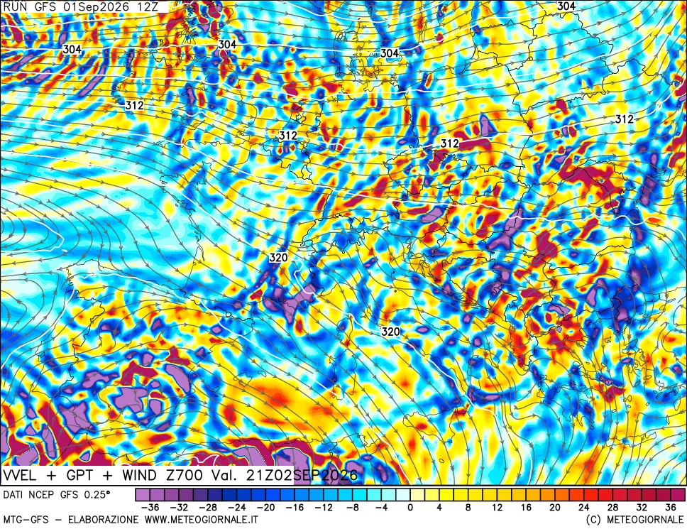 mappa 700 hPa Velocità verticiali + GPT + Vento
