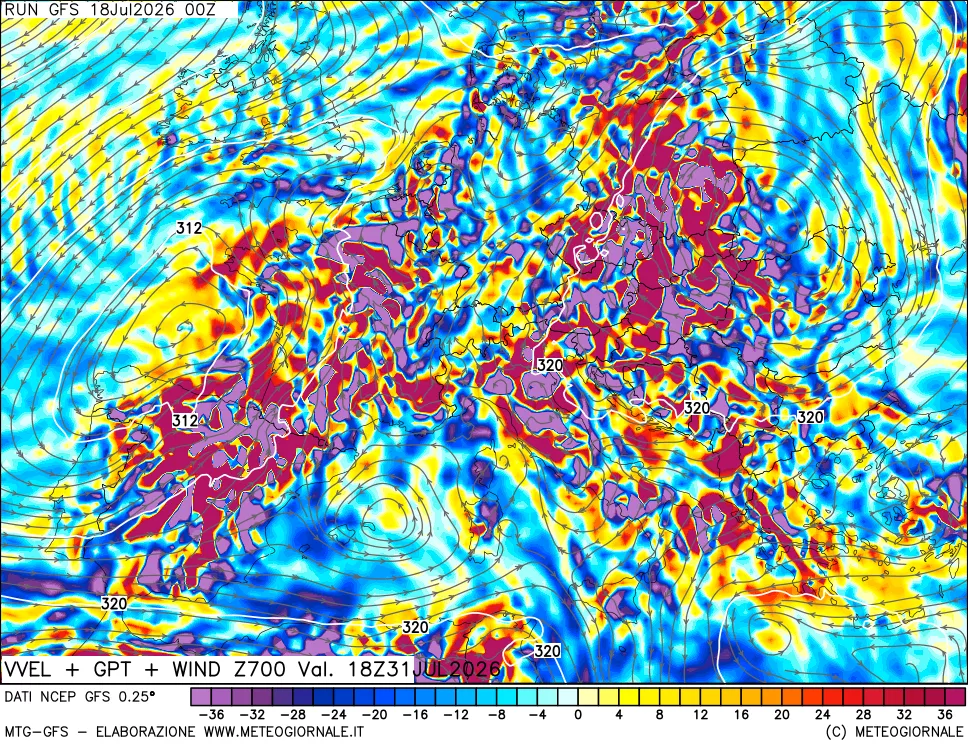 mappa 700 hPa Velocità verticiali + GPT + Vento