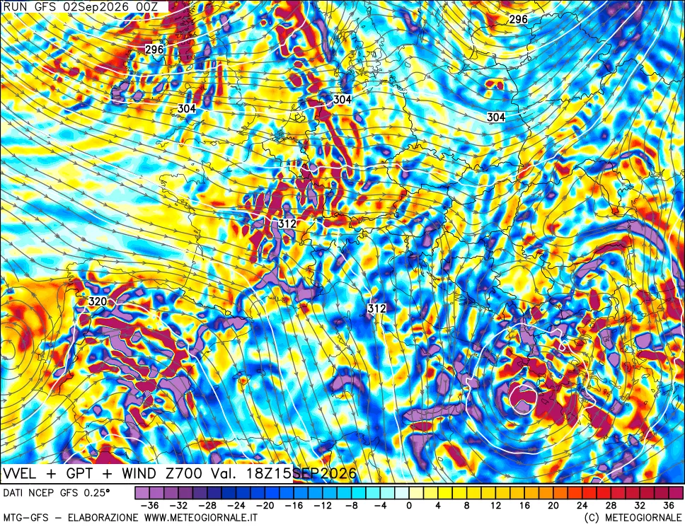 mappa 700 hPa Velocità verticiali + GPT + Vento