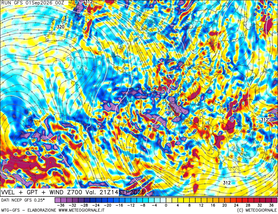 mappa 700 hPa Velocità verticiali + GPT + Vento