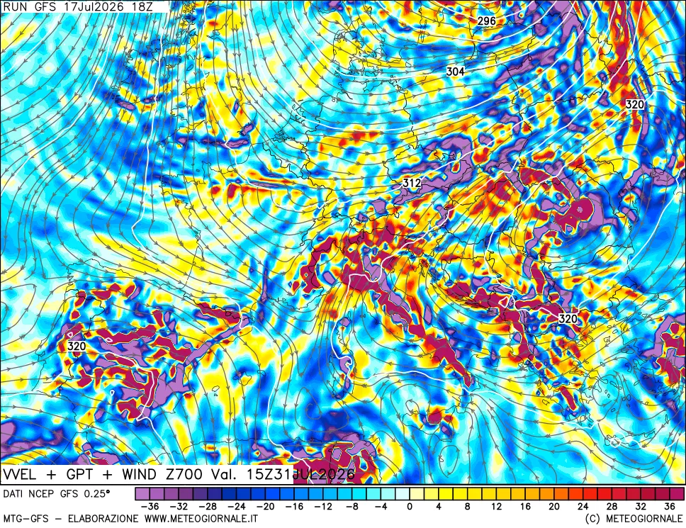 mappa 700 hPa Velocità verticiali + GPT + Vento