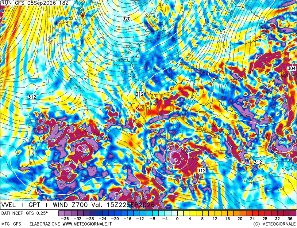 mappa 700 hPa Velocità verticiali + GPT + Vento