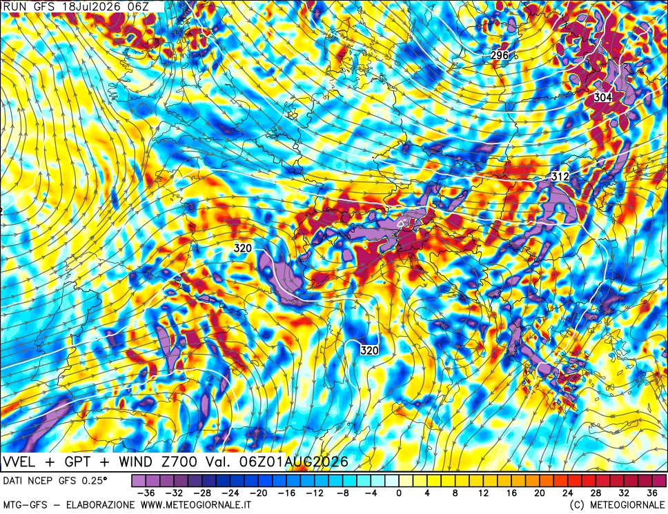 mappa 700 hPa Velocità verticiali + GPT + Vento