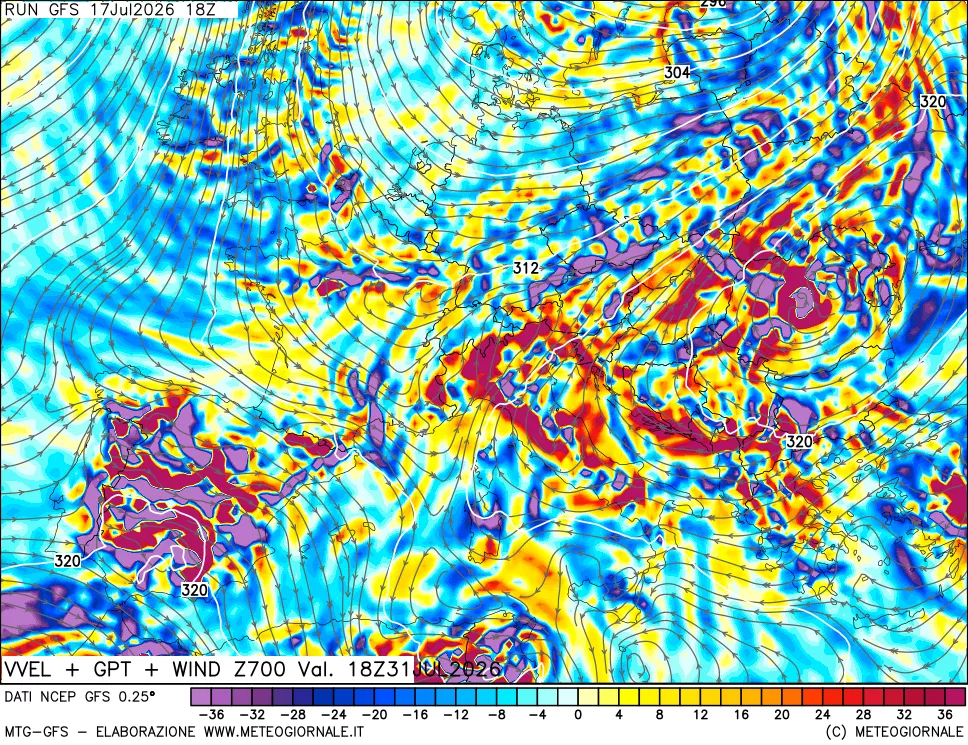 mappa 700 hPa Velocità verticiali + GPT + Vento