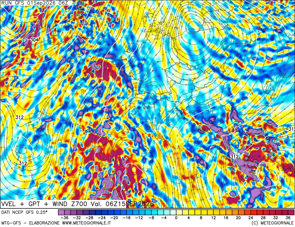 mappa 700 hPa Velocità verticiali + GPT + Vento