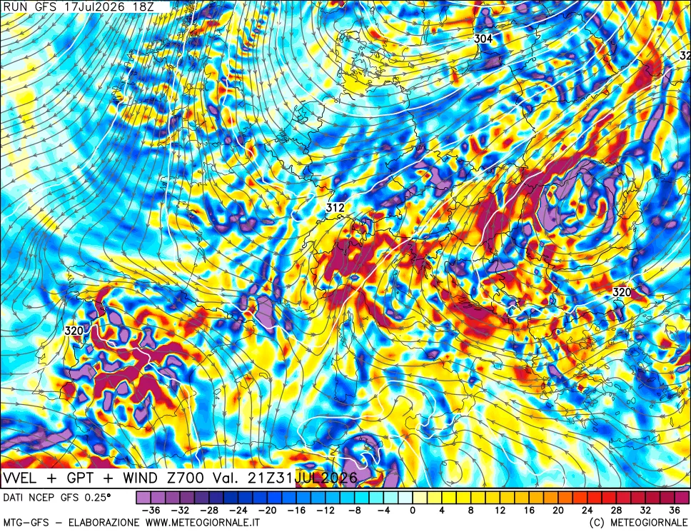 mappa 700 hPa Velocità verticiali + GPT + Vento