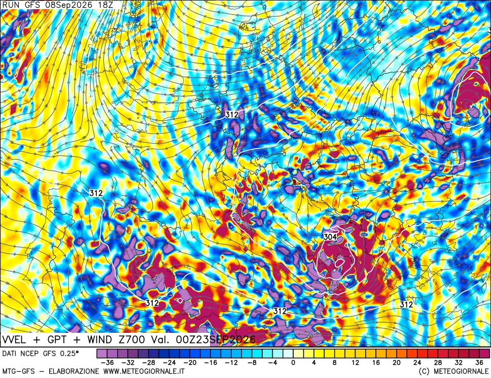 mappa 700 hPa Velocità verticiali + GPT + Vento