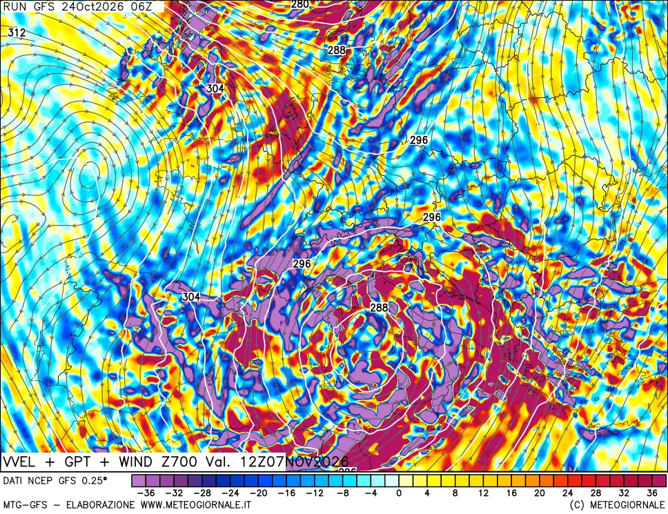 mappa 700 hPa Velocità verticiali + GPT + Vento