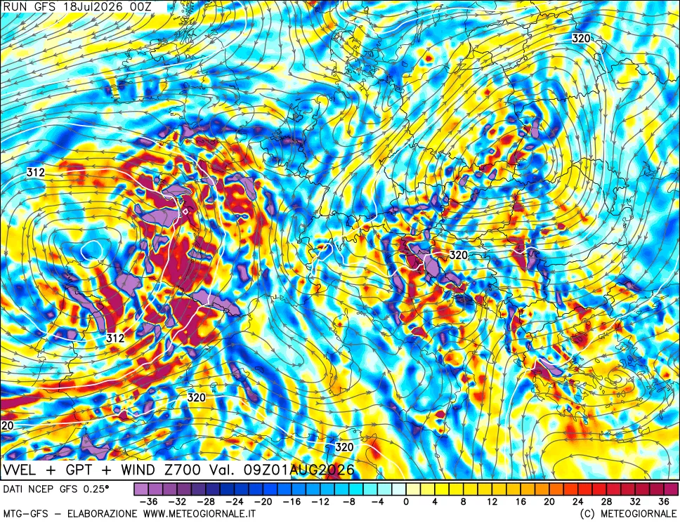 mappa 700 hPa Velocità verticiali + GPT + Vento