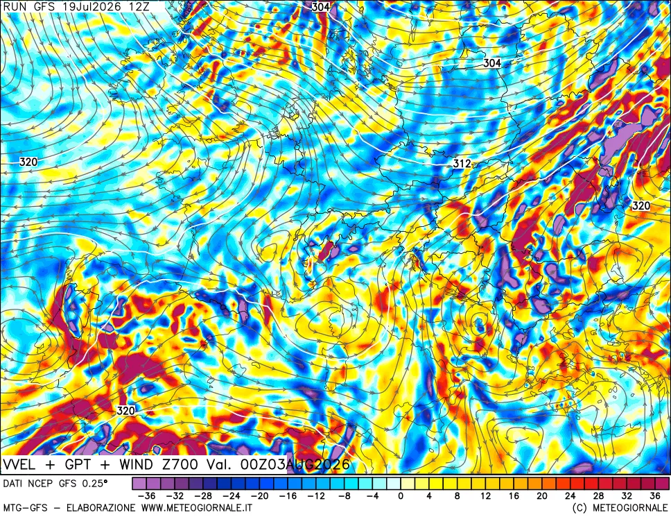 mappa 700 hPa Velocità verticiali + GPT + Vento