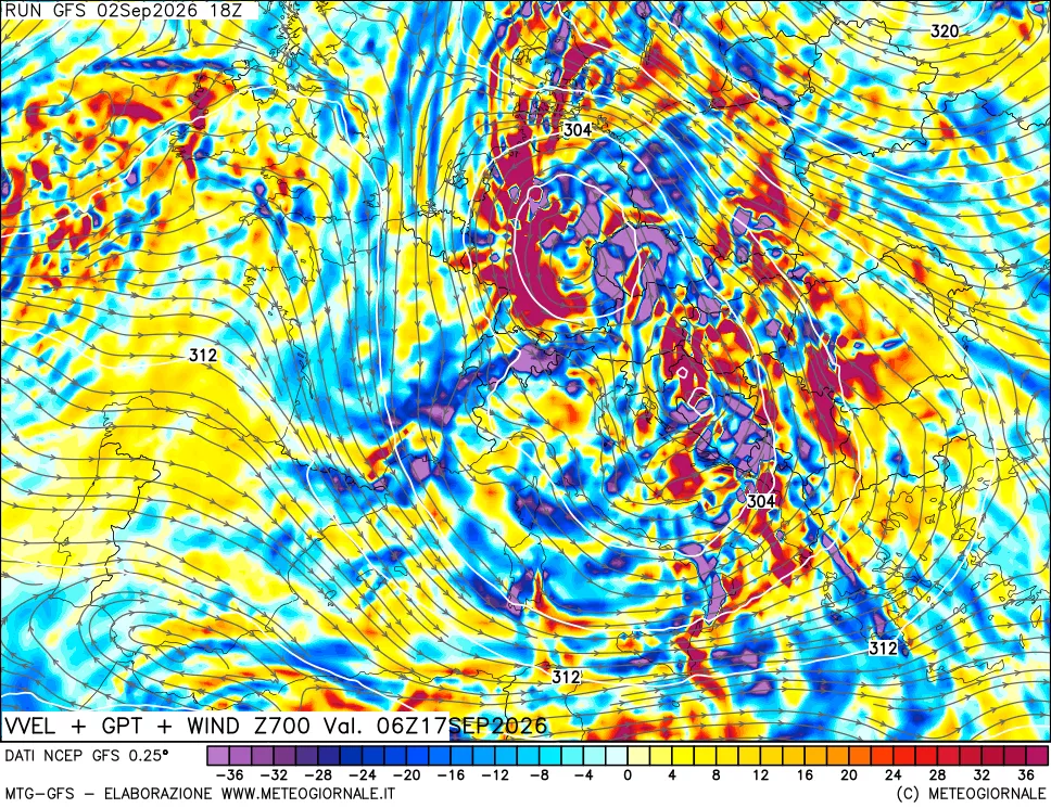 mappa 700 hPa Velocità verticiali + GPT + Vento