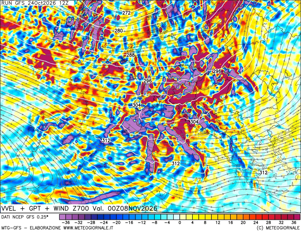 mappa 700 hPa Velocità verticiali + GPT + Vento