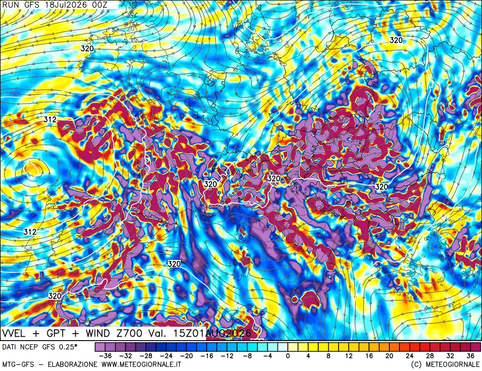 mappa 700 hPa Velocità verticiali + GPT + Vento