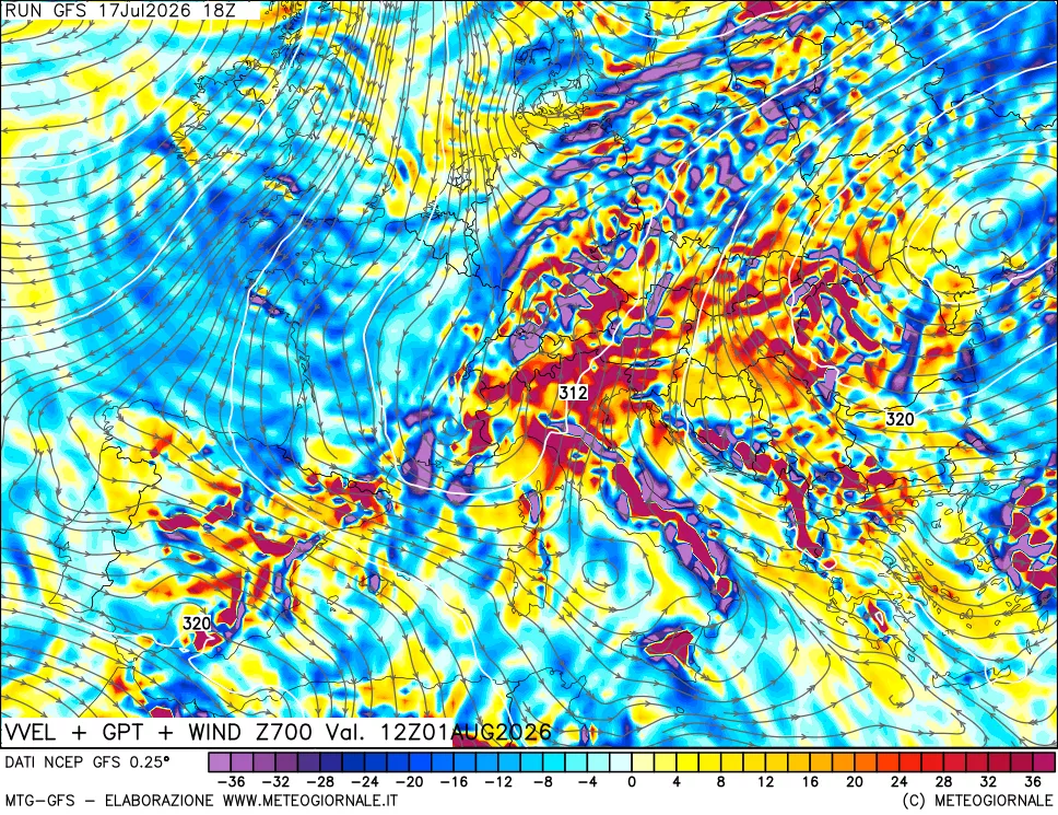 mappa 700 hPa Velocità verticiali + GPT + Vento