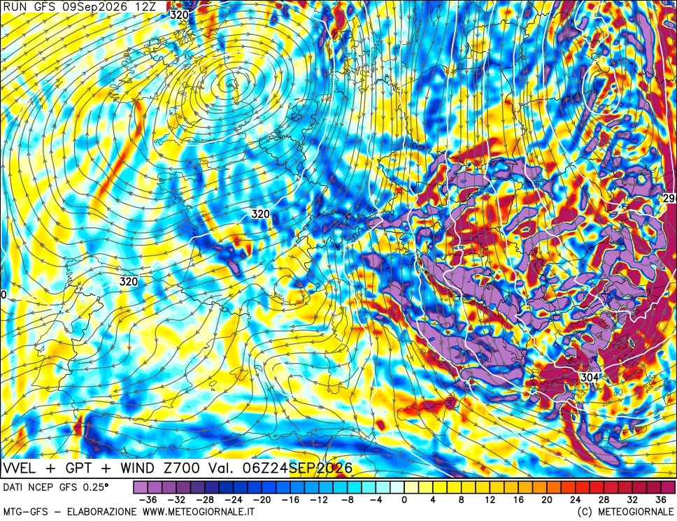 mappa 700 hPa Velocità verticiali + GPT + Vento