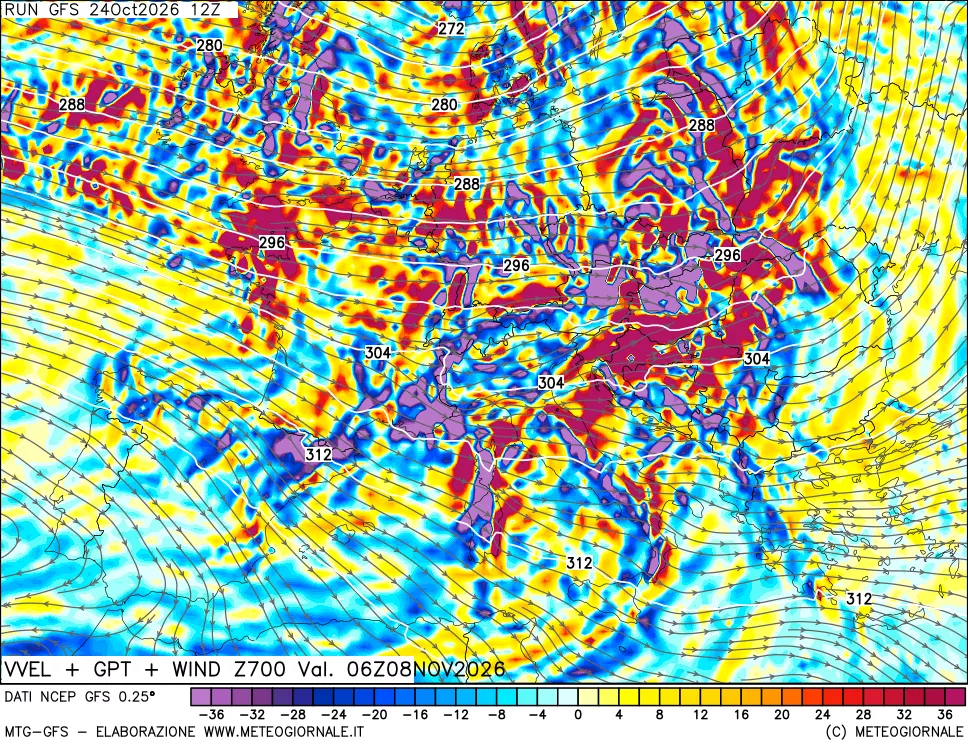 mappa 700 hPa Velocità verticiali + GPT + Vento