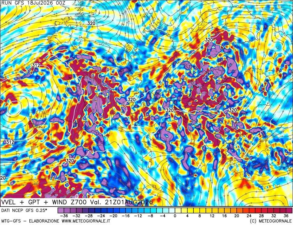 mappa 700 hPa Velocità verticiali + GPT + Vento