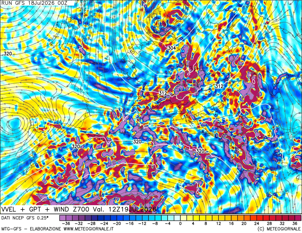 mappa 700 hPa Velocità verticiali + GPT + Vento