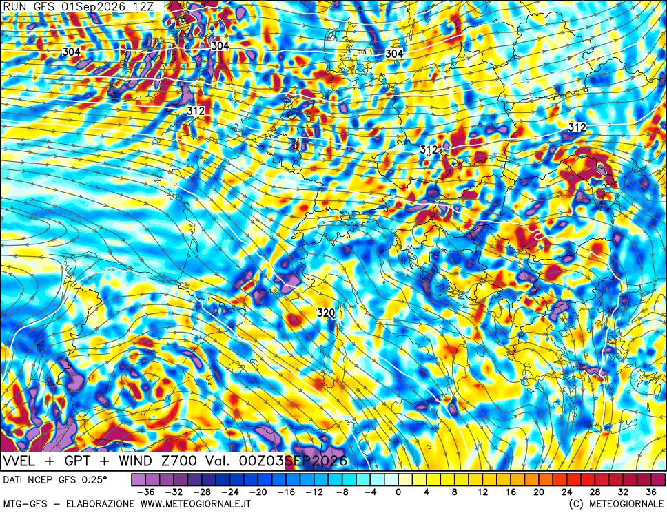 mappa 700 hPa Velocità verticiali + GPT + Vento
