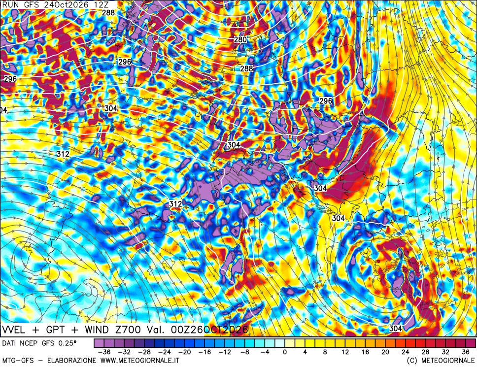 mappa 700 hPa Velocità verticiali + GPT + Vento