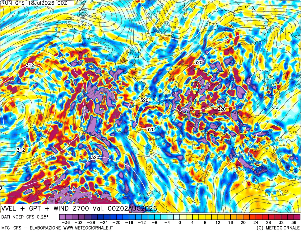 mappa 700 hPa Velocità verticiali + GPT + Vento