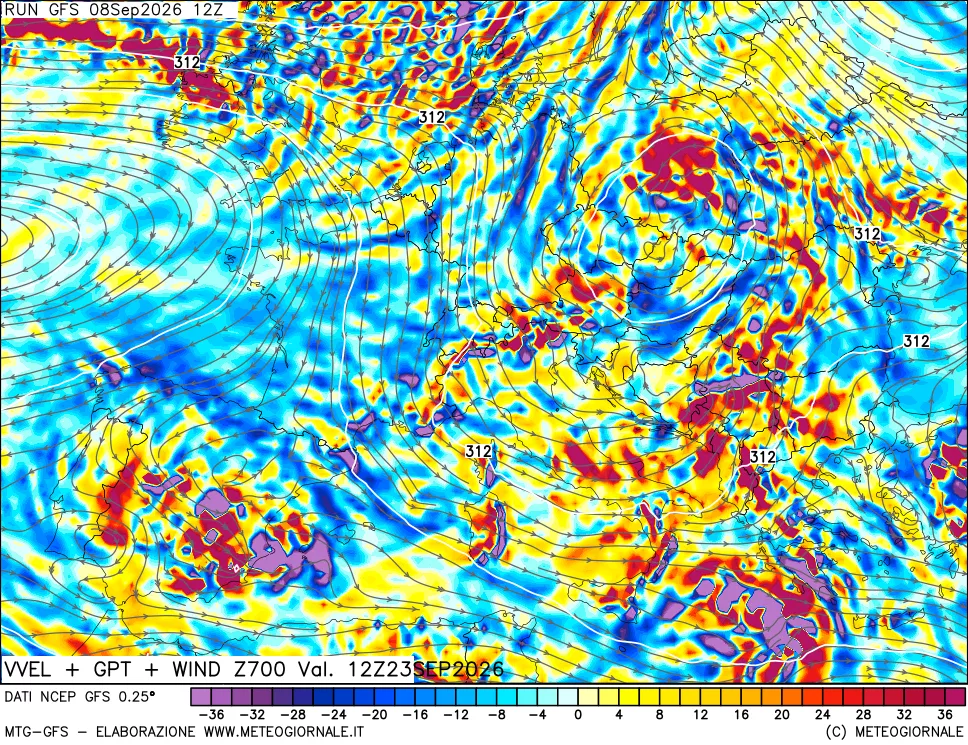mappa 700 hPa Velocità verticiali + GPT + Vento