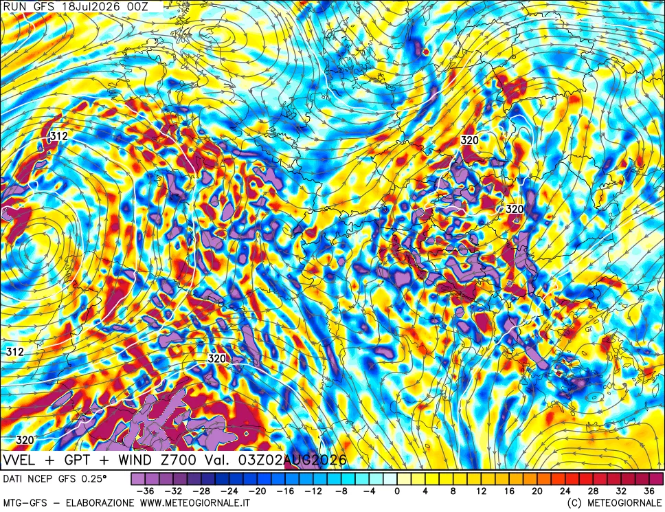 mappa 700 hPa Velocità verticiali + GPT + Vento
