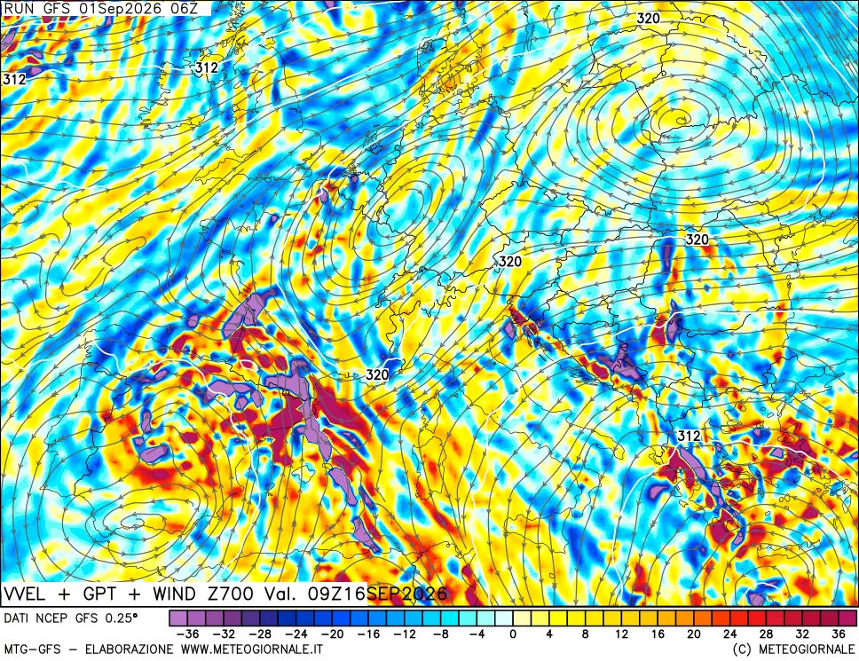 mappa 700 hPa Velocità verticiali + GPT + Vento