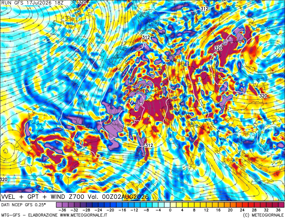 mappa 700 hPa Velocità verticiali + GPT + Vento