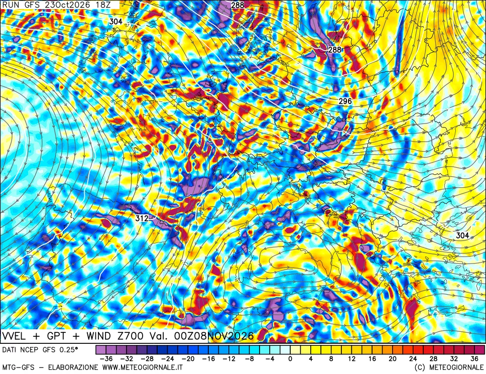 mappa 700 hPa Velocità verticiali + GPT + Vento