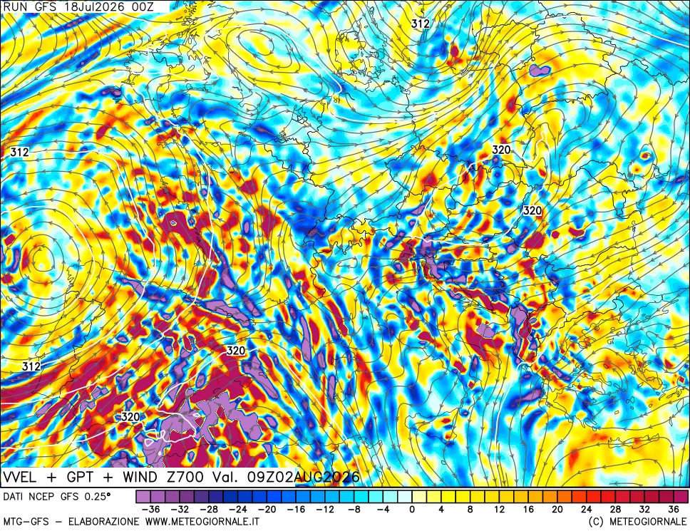 mappa 700 hPa Velocità verticiali + GPT + Vento