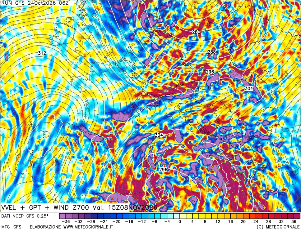 mappa 700 hPa Velocità verticiali + GPT + Vento