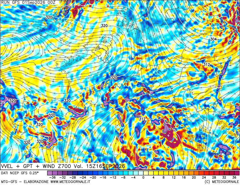 mappa 700 hPa Velocità verticiali + GPT + Vento
