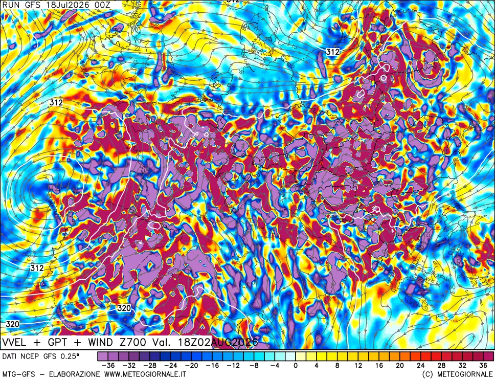 mappa 700 hPa Velocità verticiali + GPT + Vento