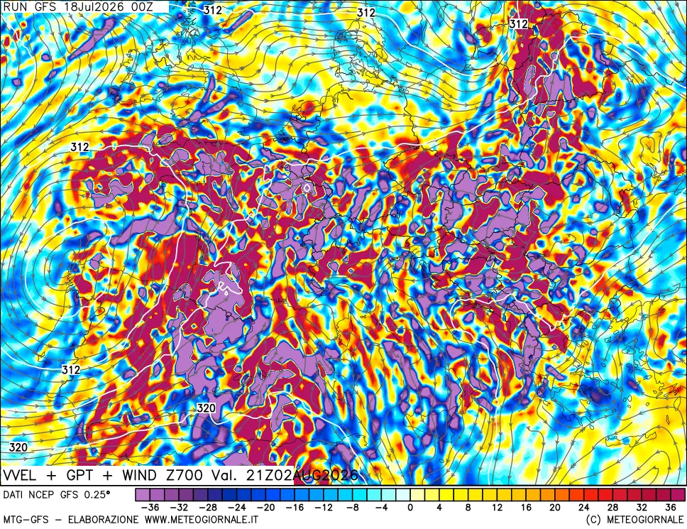 mappa 700 hPa Velocità verticiali + GPT + Vento