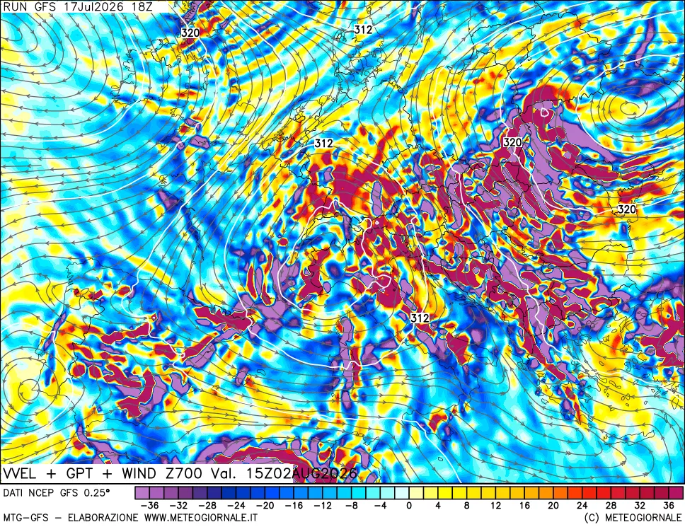 mappa 700 hPa Velocità verticiali + GPT + Vento