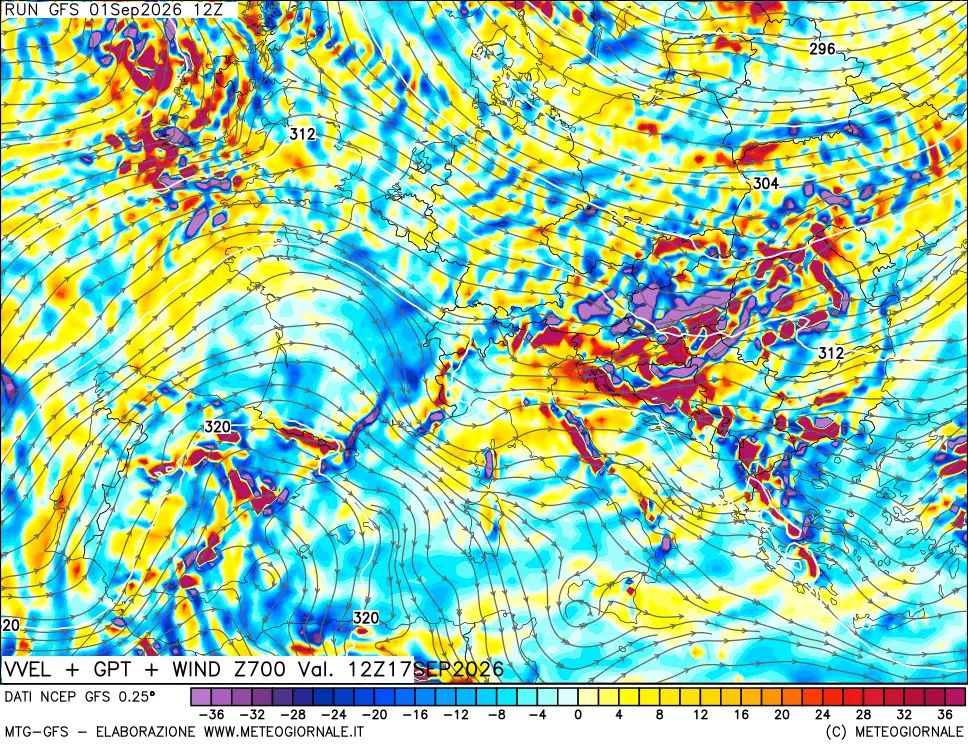 mappa 700 hPa Velocità verticiali + GPT + Vento