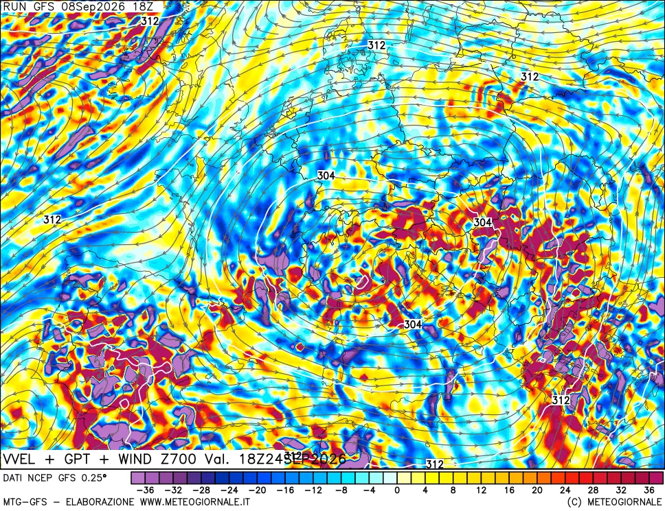 mappa 700 hPa Velocità verticiali + GPT + Vento