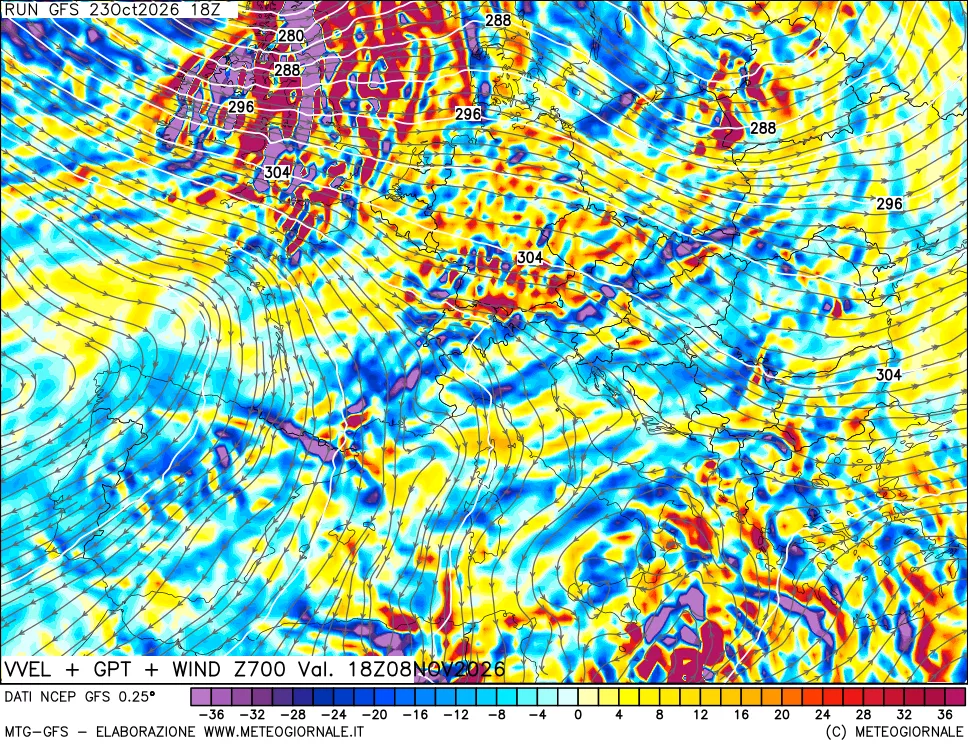mappa 700 hPa Velocità verticiali + GPT + Vento