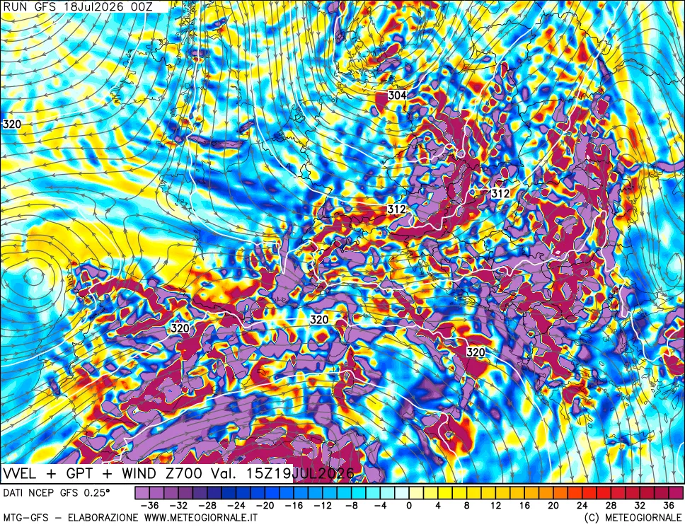 mappa 700 hPa Velocità verticiali + GPT + Vento