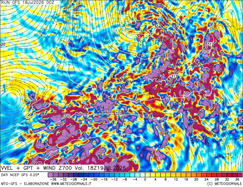 mappa 700 hPa Velocità verticiali + GPT + Vento