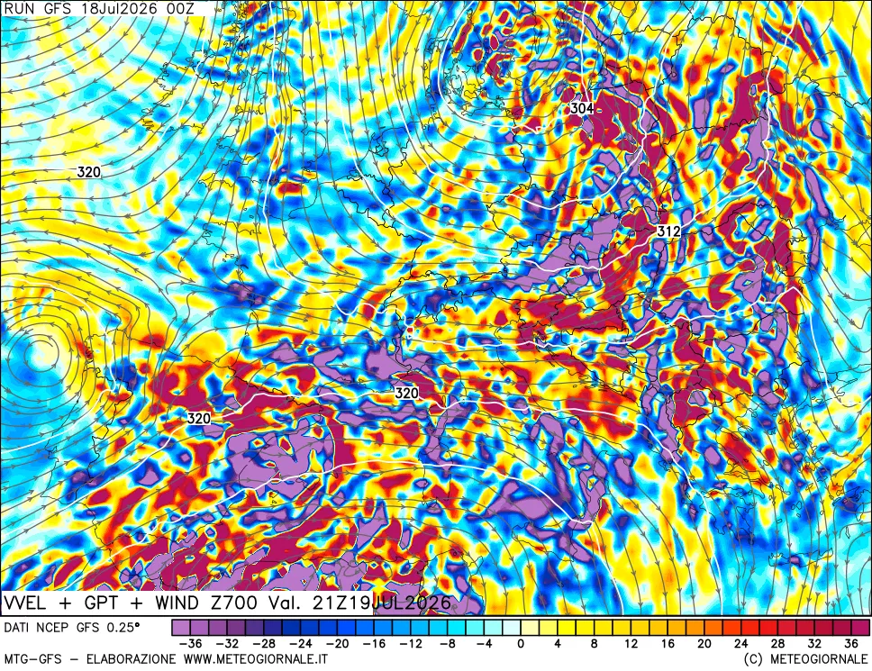 mappa 700 hPa Velocità verticiali + GPT + Vento
