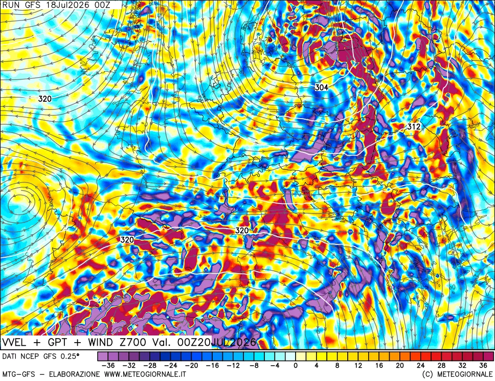 mappa 700 hPa Velocità verticiali + GPT + Vento