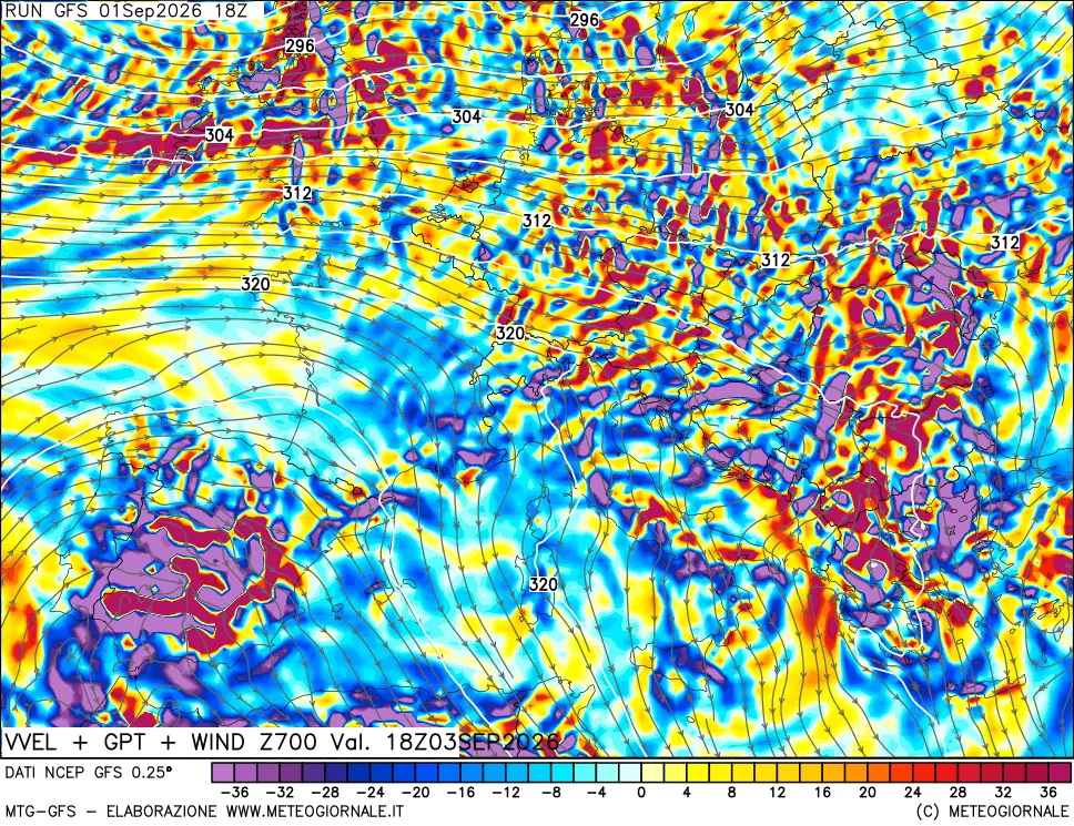 mappa 700 hPa Velocità verticiali + GPT + Vento