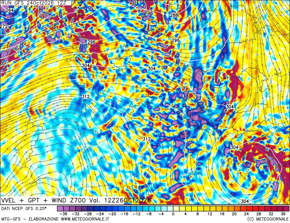 mappa 700 hPa Velocità verticiali + GPT + Vento