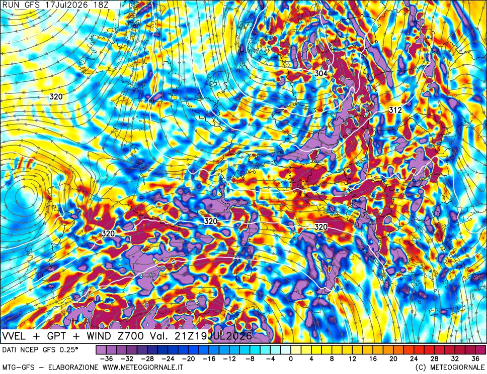 mappa 700 hPa Velocità verticiali + GPT + Vento